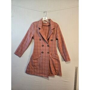 Feel Womens Pink Windowpane Plaid Double Breasted Blazer Dress Longline Jacket